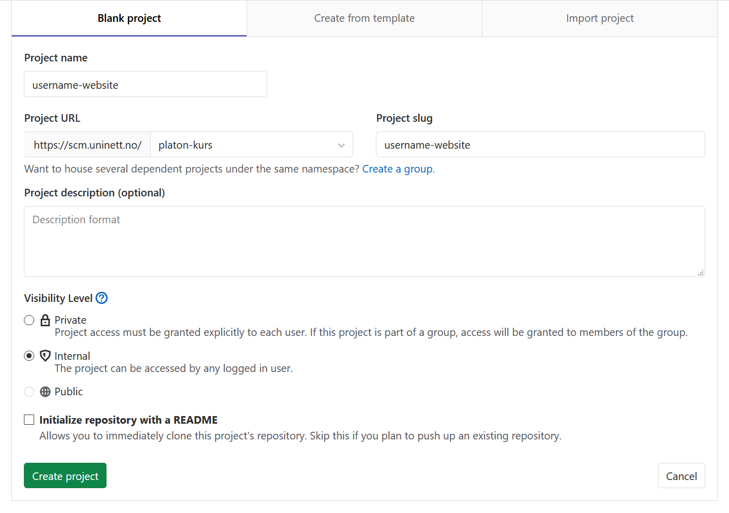 GitLab new project form