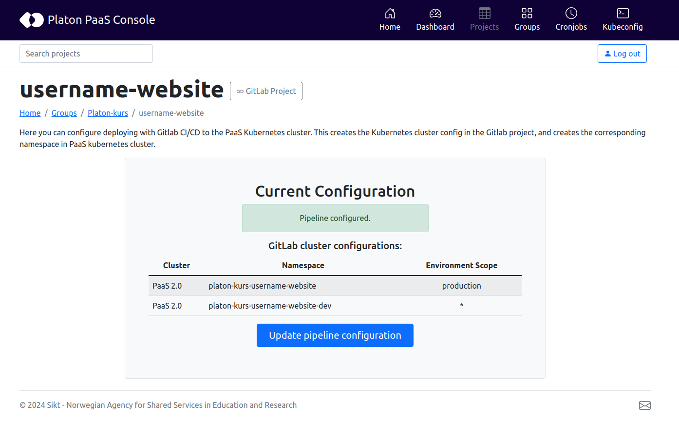 Platon PaaS console project page with configured project