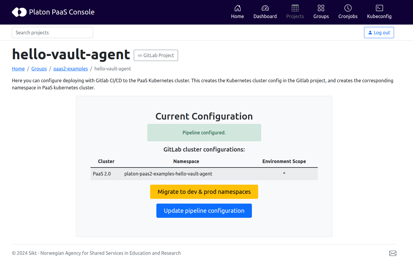 Platon PaaS console project page with migrate cfg button